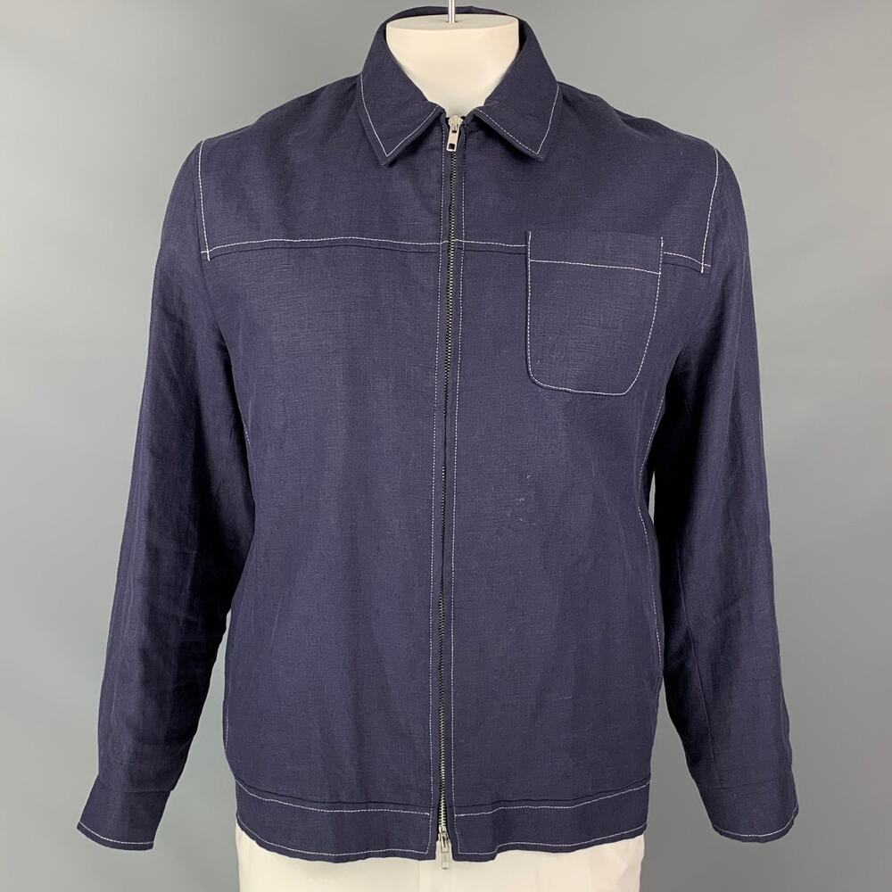 OLIVER SPENCER Size 44 Blue Contrast Stitch Linen Zip Jacket